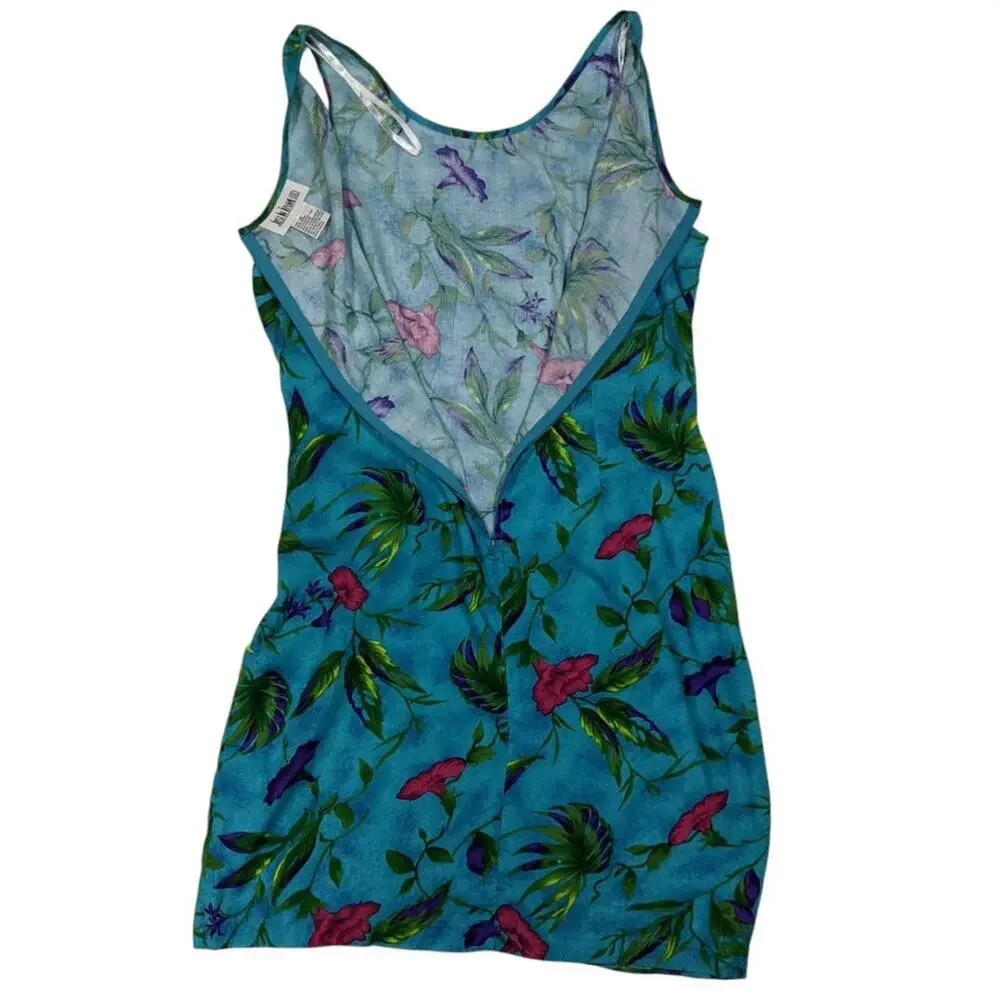 Vtg Just in Tyme Floral Tropical Hawaiian Faux Wrap Dress Blue Vacation Size 16 - Picture 4 of 7